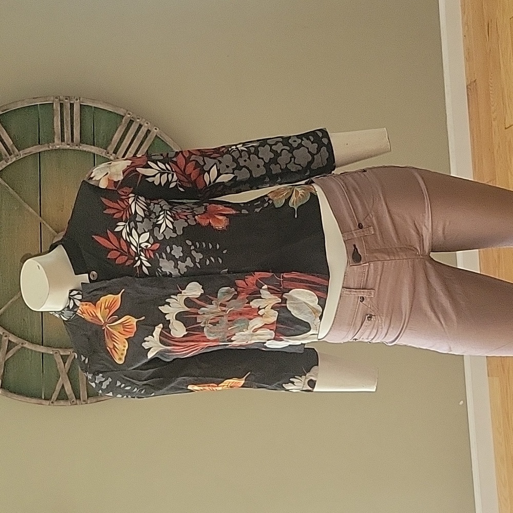 Citron Butterfly And Floral Blouse With Mandarin Collar
